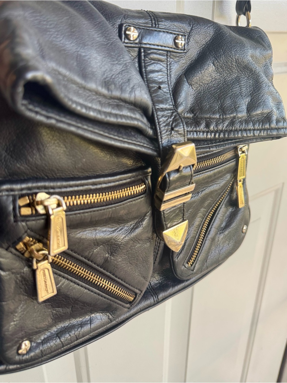 Rebecca Minkoff Black Leather Shoulder Bag with Gold Hardware Accents